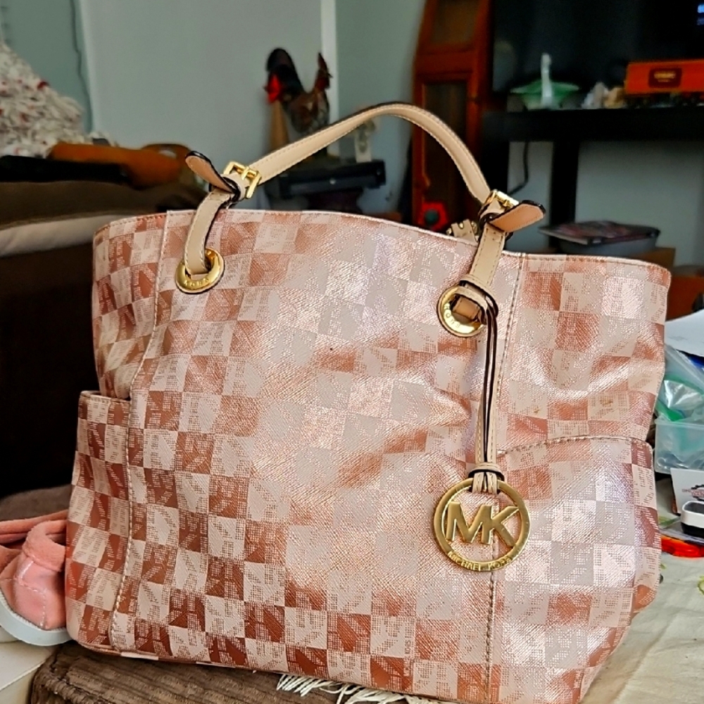 Michael Kors Pink Metalic Checkered Tote Bag